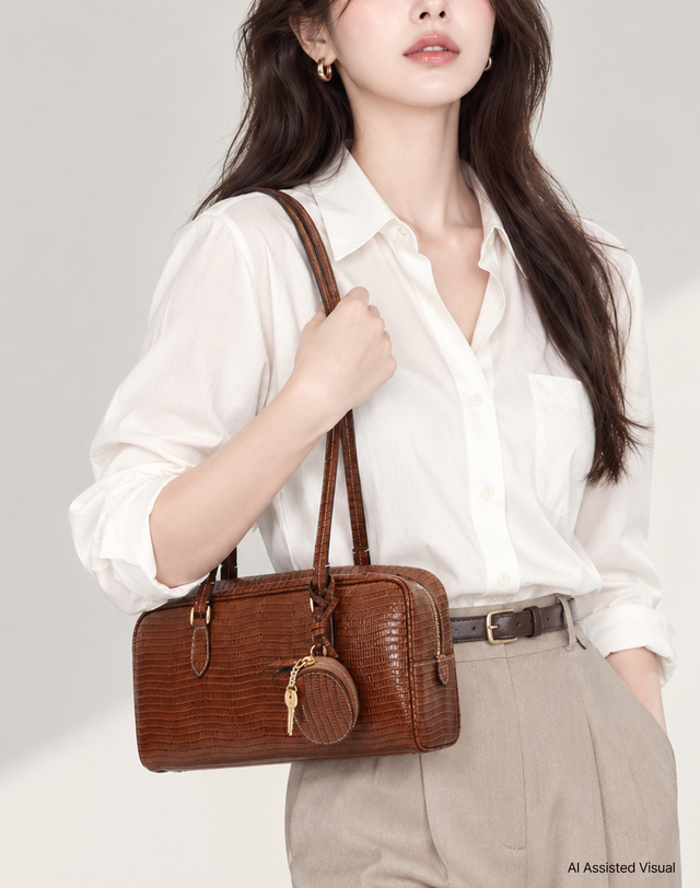 헤지스 액세서리 [LEON] 리자드 패턴 소가죽 브라운 숄더백(참장식 포함) 착용컷
