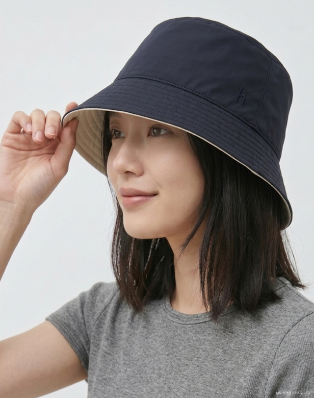 헤지스 액세서리 네이비 아이보리 콤비 리버시블 버킷햇 착용컷