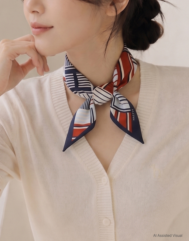 헤지스 액세서리 [SILK100%} 네이비 스트라이프 쁘띠 실크 스카프 착용컷