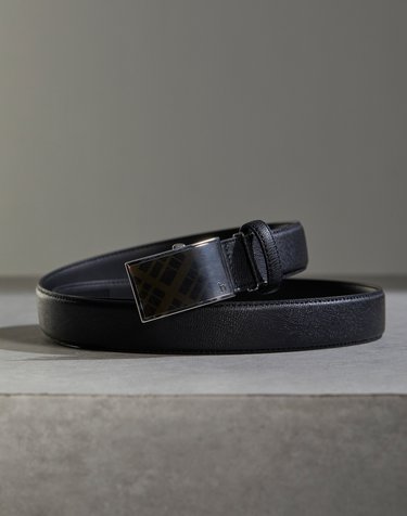 [Online Limited] 블랙 버클 체크장식 소가죽 자동벨트