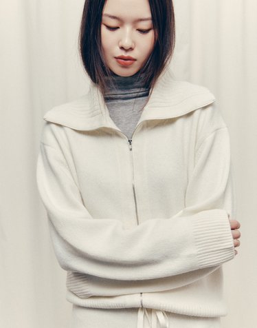 [HIS WOMEN] 아이보리 울혼방 스탠드넥 집업 니트