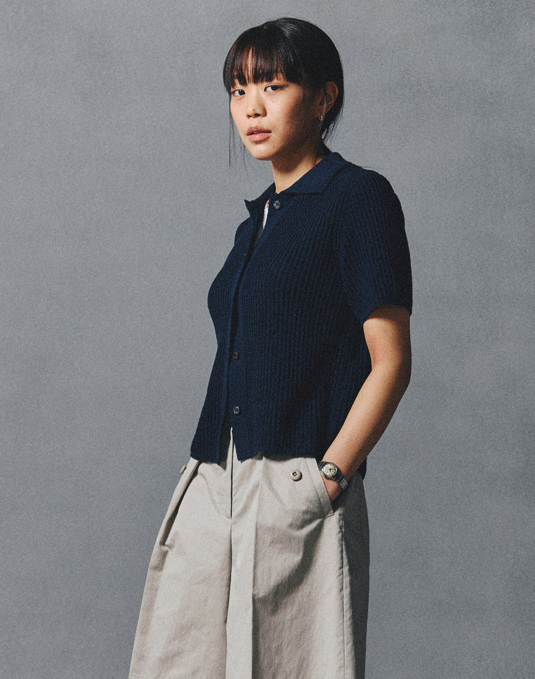 네이비 카라 니트 가디건