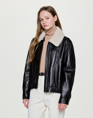 [LEATHER]블랙 퍼 카라 양가죽 숏 무스탕
