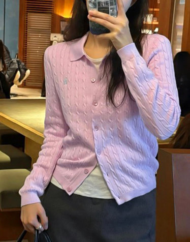 [50%세일][면100%]핑크 케이블 긴소매 카라 가디건
