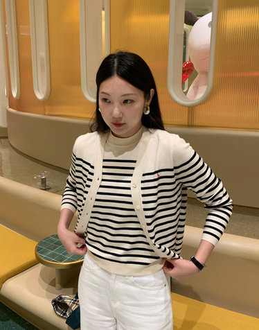 [SET-UP]블랙 스트라이프 폴리혼방 긴소매 브이넥 가디건