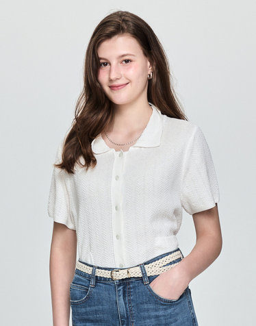 화이트 강연 반소매 카라 가디건