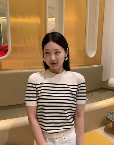 [SET-UP]블랙 스트라이프 폴리혼방 반소매 라운드넥 스웨터