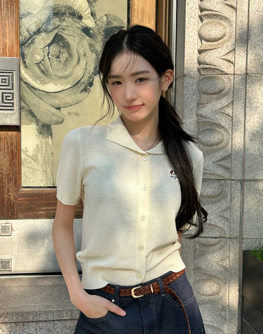 크림 퍼피 자수 반소매 카라 가디건