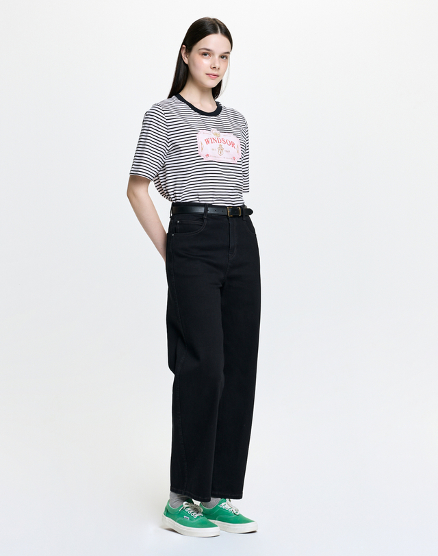 헤지스 여성 커브드 배럴핏 데님 팬츠 블랙 상세
