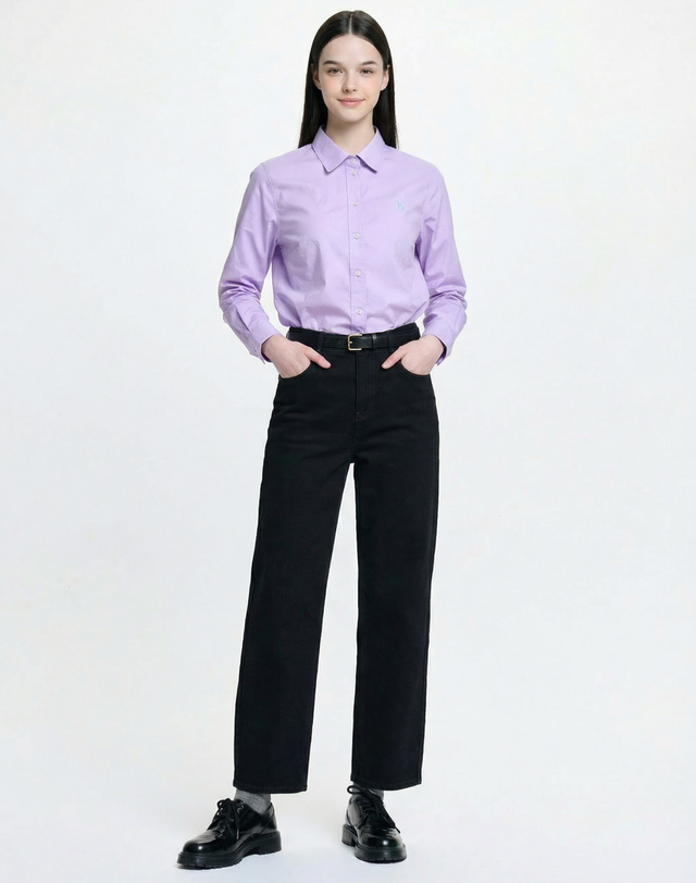 헤지스 여성 페더트윌 셔츠 라이트바이올렛 밝은 바이올렛 착용컷