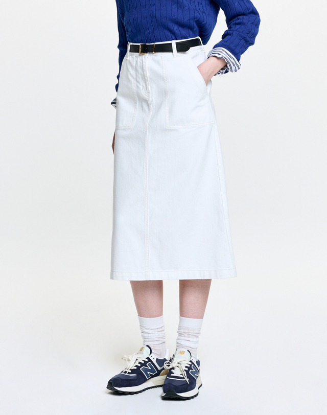 헤지스 여성 데님 포켓 스커트 화이트 흰색 착용컷