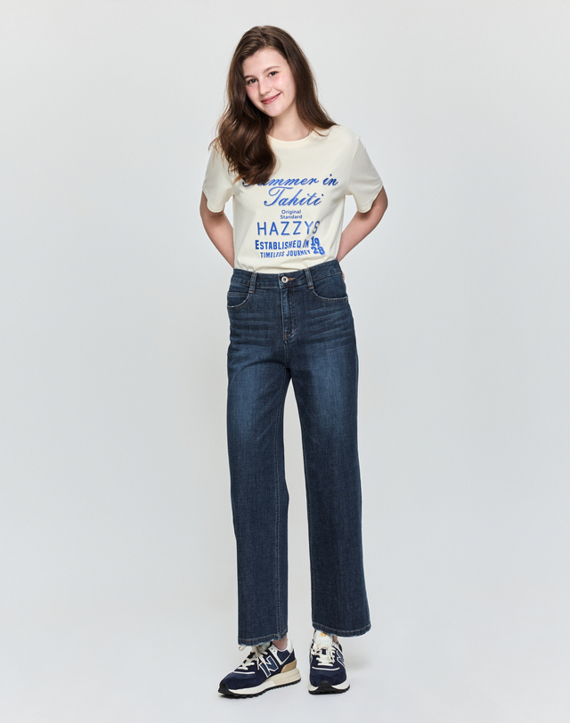 헤지스 여성 아이보리 타히티 그래픽 반소매 티셔츠 착용컷