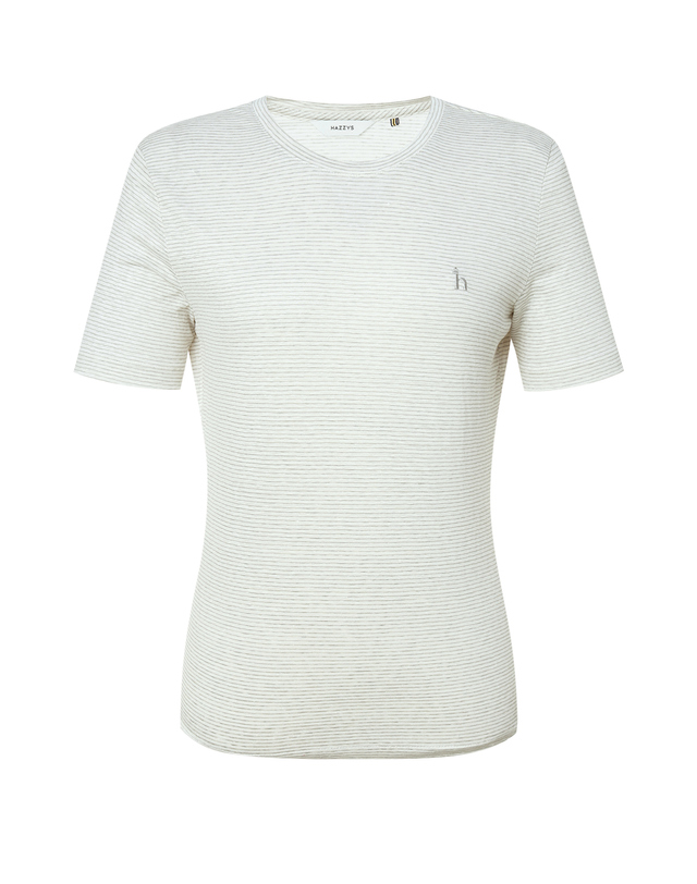 헤지스 여성 라이트그레이 스트라이프 에센셜 반소매 티셔츠 밝은 그레이 착용컷