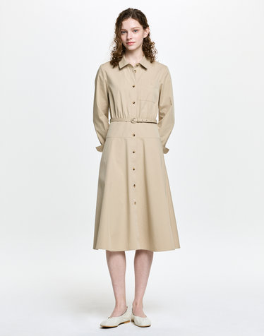 벨티드 면혼방 긴소매원피스 베이지