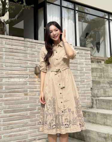 [기간한정특가][FW Tolile Collection] 뜨왈 패턴 긴팔 원피스 라이트베이지 (벨트 set) 