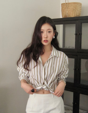 [우여름pick] 루즈핏 스트라이프 린넨 셔츠 카키