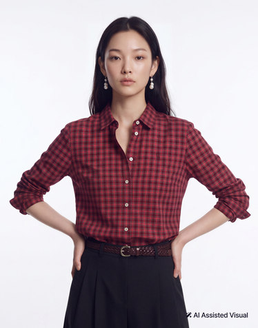 클래식핏 미니 체크 코튼 셔츠 버건디