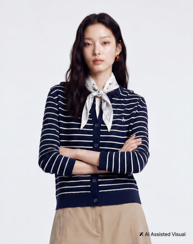 스트라이프 스카시 후드 가디건 네이비