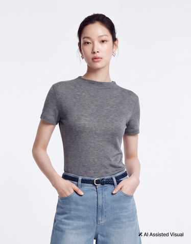 [HAVE HAZZYS][EXCLUSIVE] 시스루 모크넥 반팔 티셔츠 차콜그레이