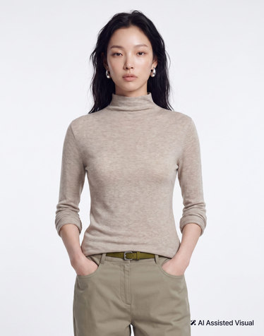 [HAVE HAZZYS][EXCLUSIVE] 시스루 모크넥 긴팔 티셔츠 베이지