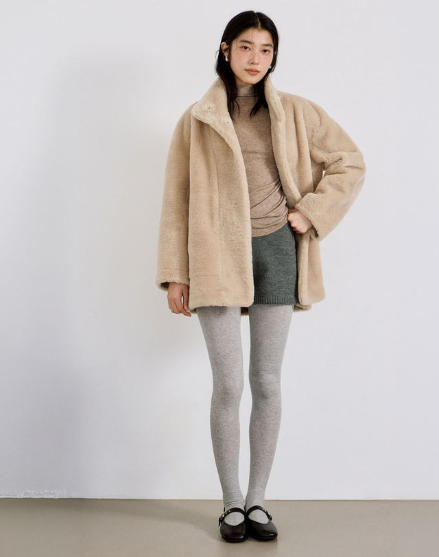 헤지스 여성 [HAVE HAZZYS][EXCLUSIVE] 밍크fur 페이크퍼 자켓 라이트베이지 밝은 베이지 착용컷