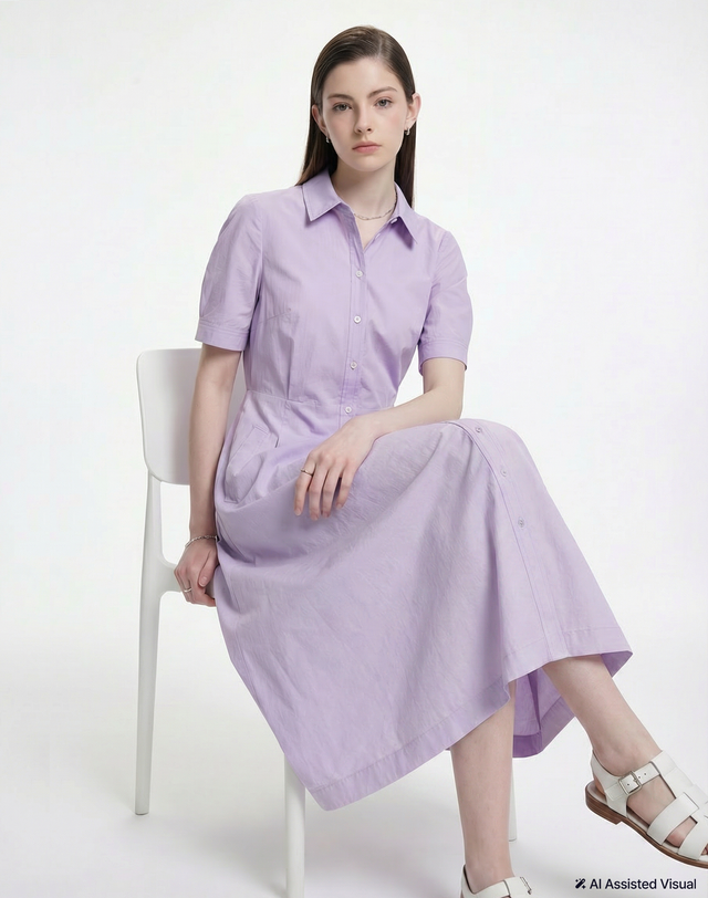 헤지스 여성 경량 반소매 셔츠 원피스 라이트 바이올렛 밝은 바이올렛 착용컷