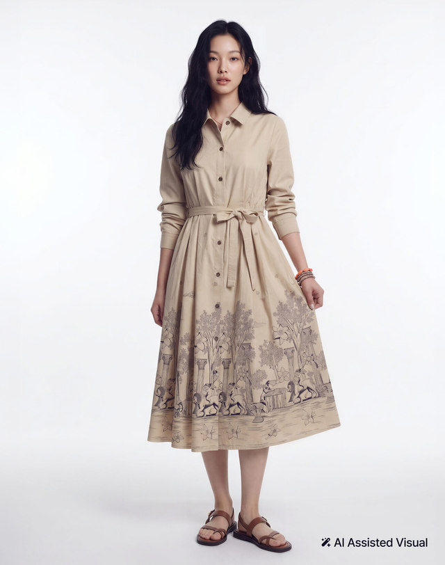 헤지스 여성 [FW Tolile Collection] 뜨왈 패턴 긴팔 원피스 라이트베이지 (벨트 set)  착용컷
