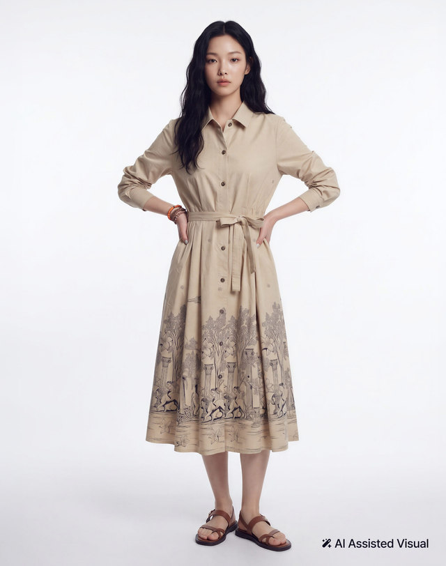 헤지스 여성 [FW Tolile Collection] 뜨왈 패턴 긴팔 원피스 라이트베이지 (벨트 set)  상세