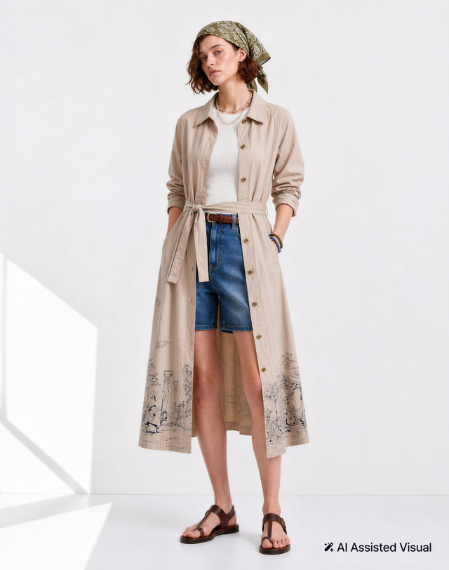 헤지스 여성 [FW Tolile Collection] 뜨왈 패턴 긴팔 원피스 라이트베이지 (벨트 set)  상세