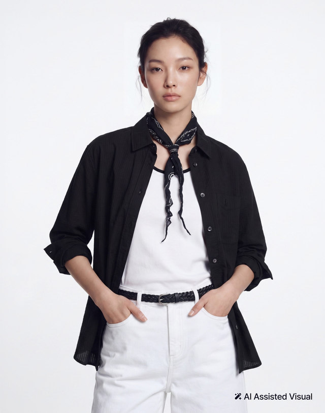 헤지스 여성 루즈핏 코튼혼방 셔츠 블랙 착용컷