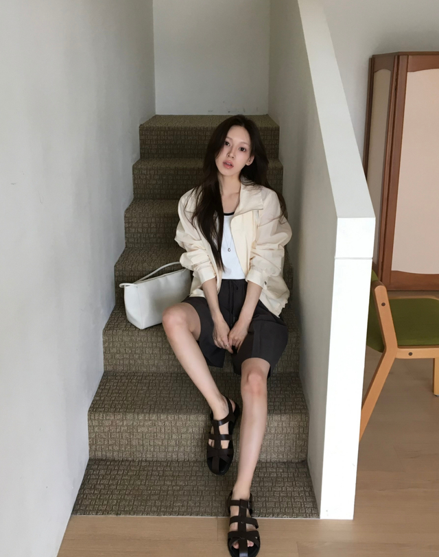 헤지스 여성 경량 린넨혼방 숏 점퍼 크림 착용컷