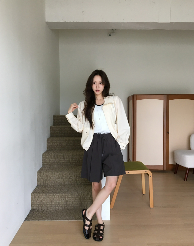 헤지스 여성 경량 린넨혼방 숏 점퍼 크림 상세