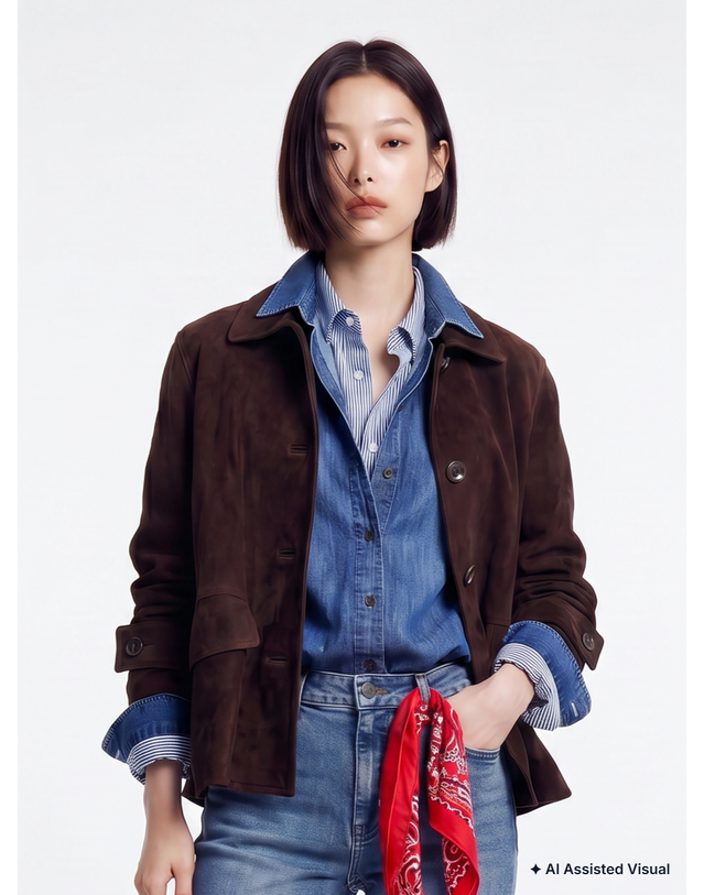 헤지스 여성 [나연미pick]염소가죽 스웨이드 초어자켓 브라운 진한 브라운