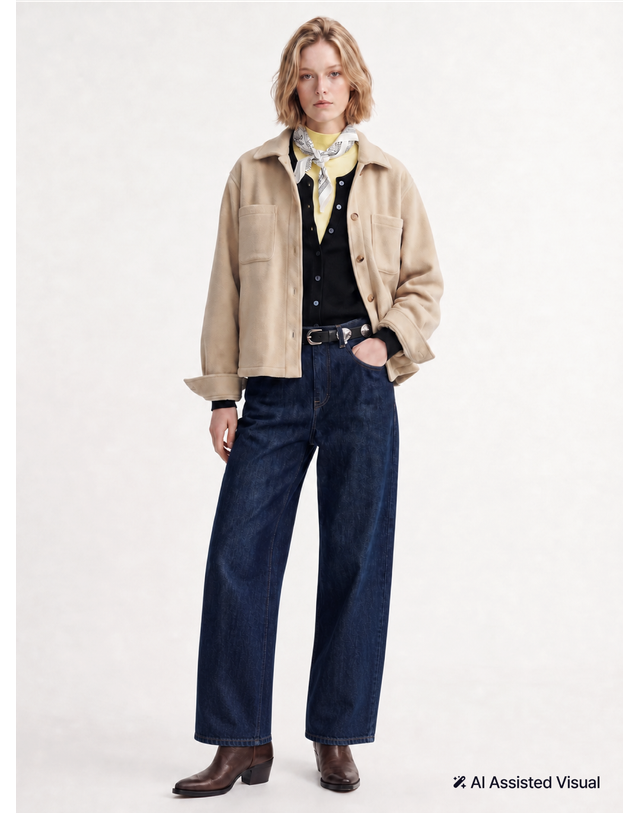 헤지스 여성 [에센셜]기모 와이드 데님 다크네이비 진한 네이비 착용컷