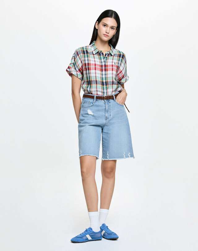 헤지스 여성 반팔 린넨 체크 셔츠 레드 상세