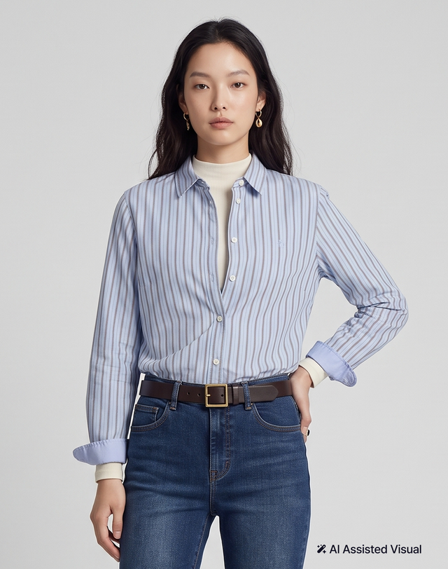 헤지스 여성 클래식핏 멀티 스트라이프 코튼 셔츠 블루 밝은 블루 상세