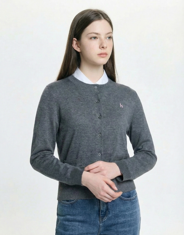 헤지스 여성 클래식 가디건 차콜그레이 차콜 그레이 착용컷