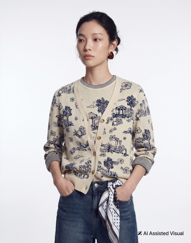헤지스 여성 [FW Toile Collection] 뜨왈 코튼 가디건 라이트베이지 밝은 베이지 착용컷