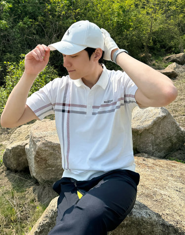 네이비 남성 체크 블루종 반팔 카라 티셔츠