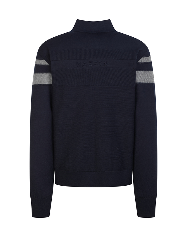 헤지스 골프 네이비 남성 라인 포인트 컬러배색 집업 니트 진한 네이비 착용컷