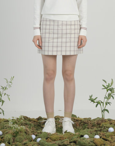 버건디 여성 체크 솔리드 카고 스커트