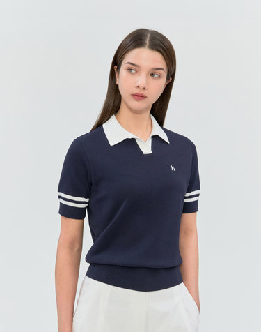 [ONLINE EXCLUSIVE] 네이비 여성 라인 포인트 반팔 카라 니트