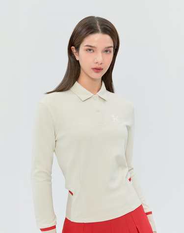 베이지 여성 긴팔 카라 블루종 티셔츠