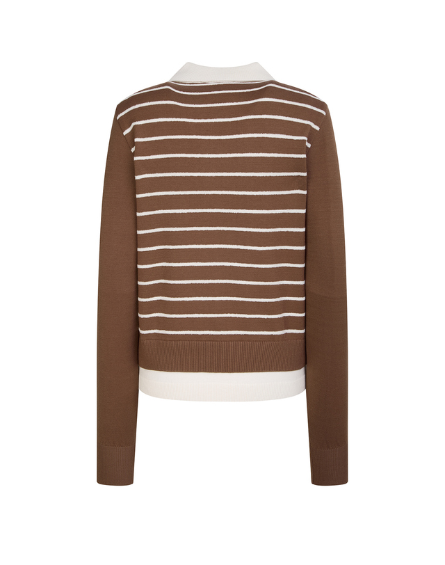 헤지스 골프 여성 [SBS골프아카데미협찬] 브라운 여성 퍼피 자수 스트라이프 카라 스웨터 착용컷