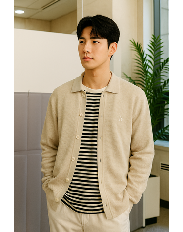 시어서커 조직 베이지 카라 가디건