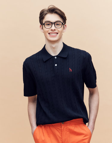 네이비 케이블 반팔 카라 니트
