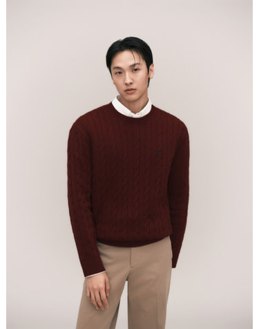 와인 캐시혼방 케이블 크루넥 니트