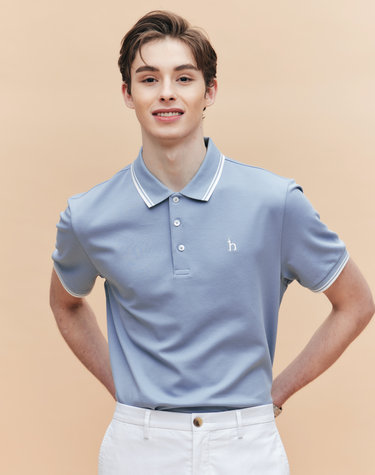 [AIRY TWILL] 블루 더블 팁 배색 카라 티셔츠