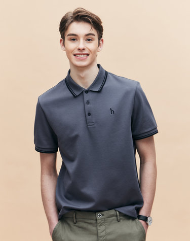 [AIRY TWILL] 차콜 더블 팁 배색 카라 티셔츠