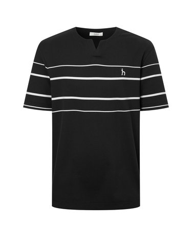 [AIRY TWILL] 블랙 슬릿넥 컬러블럭 반팔 티셔츠